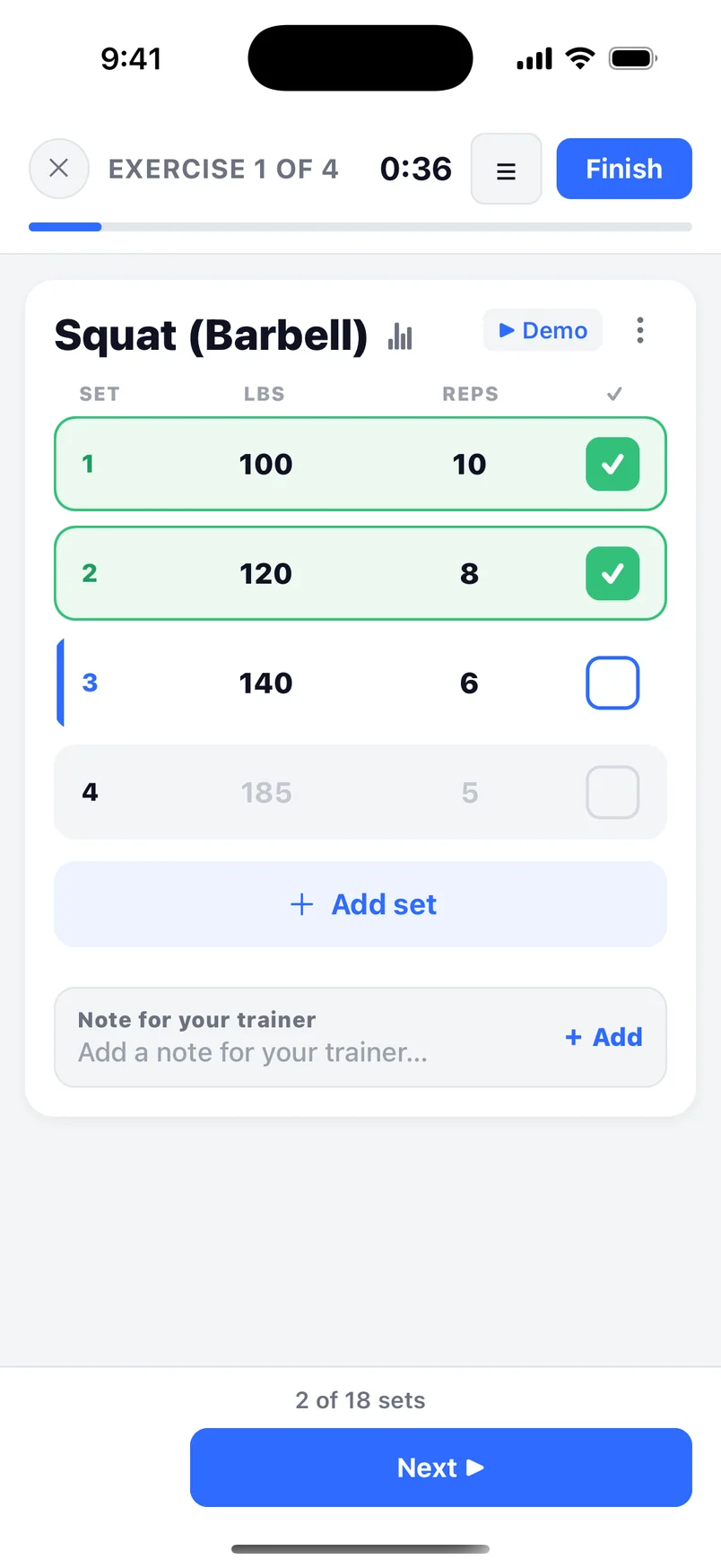 Someone checking off sets of a workout from their coach in the MyRepsCount app